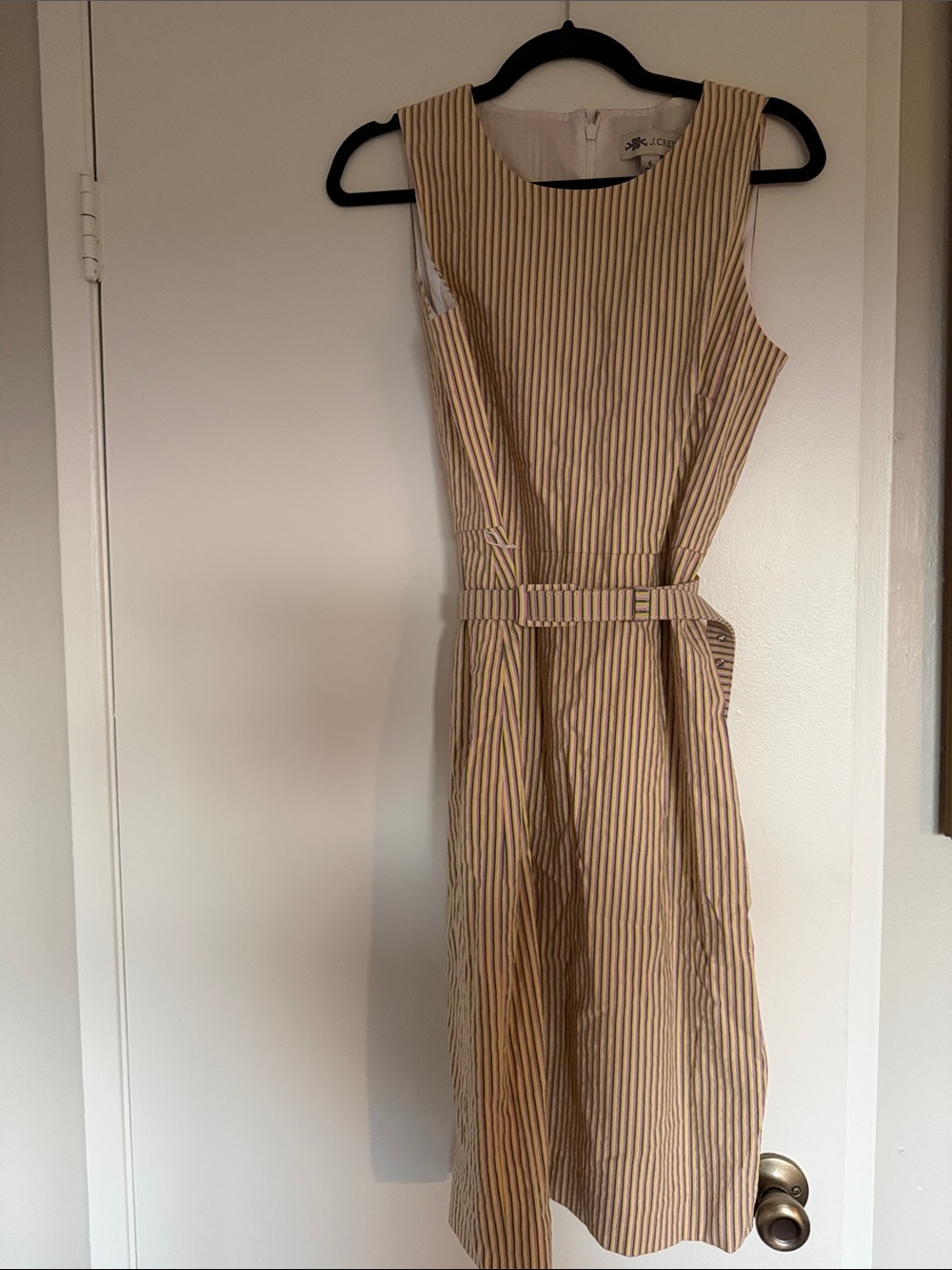 J. Crew Tan and White Striped Belted Midi Dress